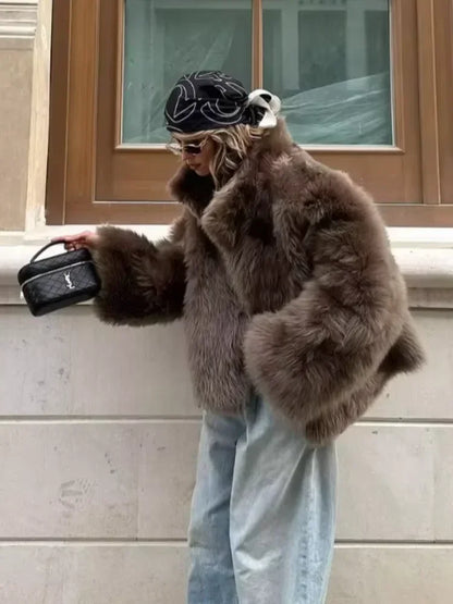 Elegant Womens Faux Fur Short Jacket, Stand Collar, Single Breasted Loose Coat, 2025 High Street Fashion