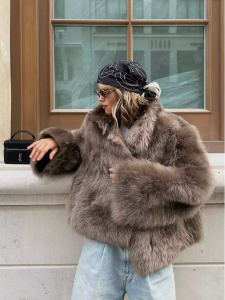 Elegant Womens Faux Fur Short Jacket, Stand Collar, Single Breasted Loose Coat, 2025 High Street Fashion