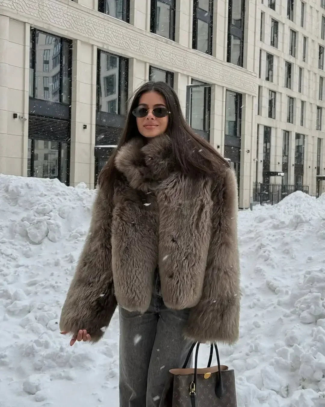 Elegant Womens Faux Fur Short Jacket, Stand Collar, Single Breasted Loose Coat, 2025 High Street Fashion