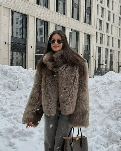 Elegant Womens Faux Fur Short Jacket, Stand Collar, Single Breasted Loose Coat, 2025 High Street Fashion