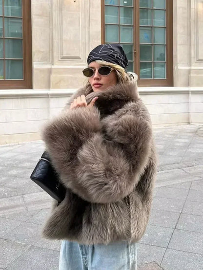 Elegant Womens Faux Fur Short Jacket, Stand Collar, Single Breasted Loose Coat, 2025 High Street Fashion