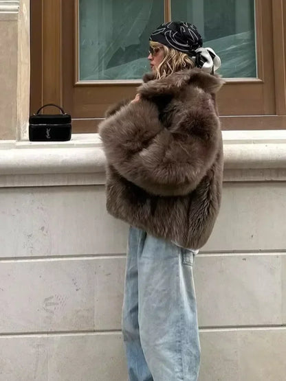 Elegant Womens Faux Fur Short Jacket, Stand Collar, Single Breasted Loose Coat, 2025 High Street Fashion