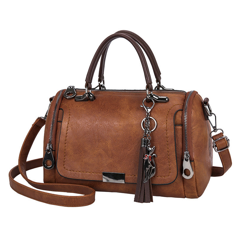 Tassel Decor Women's Large Capacity Shoulder Bag Fashion Zipper Crossbody Bag With Removable Strap Boston Handbag.