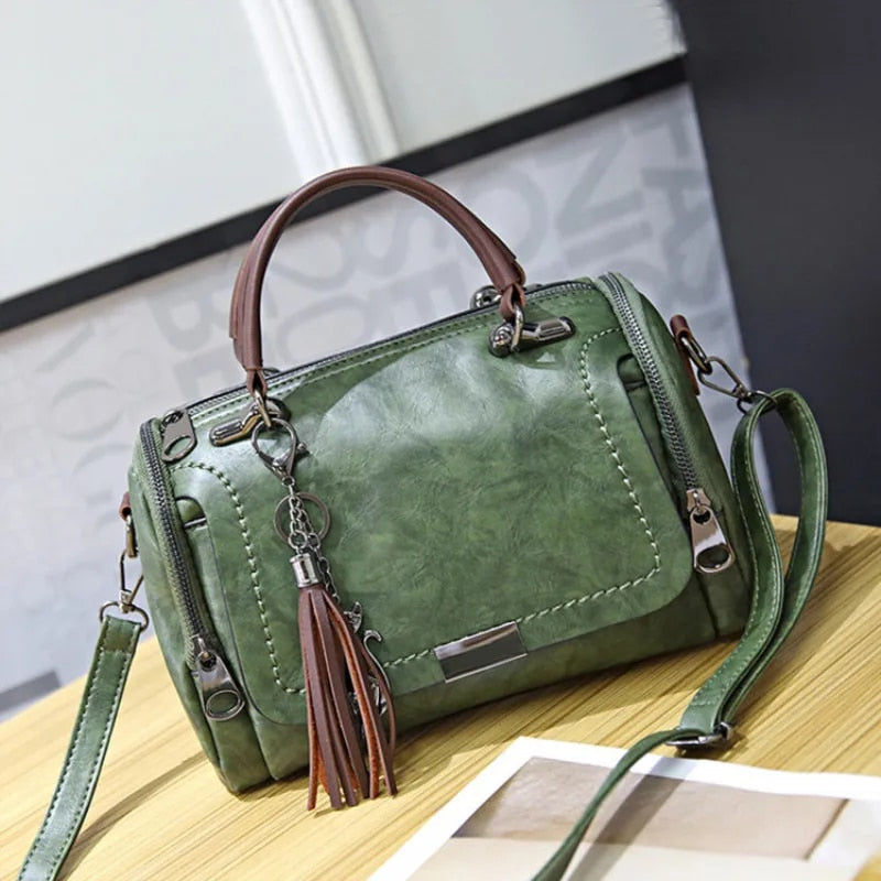 Tassel Decor Women's Large Capacity Shoulder Bag Fashion Zipper Crossbody Bag With Removable Strap Boston Handbag.
