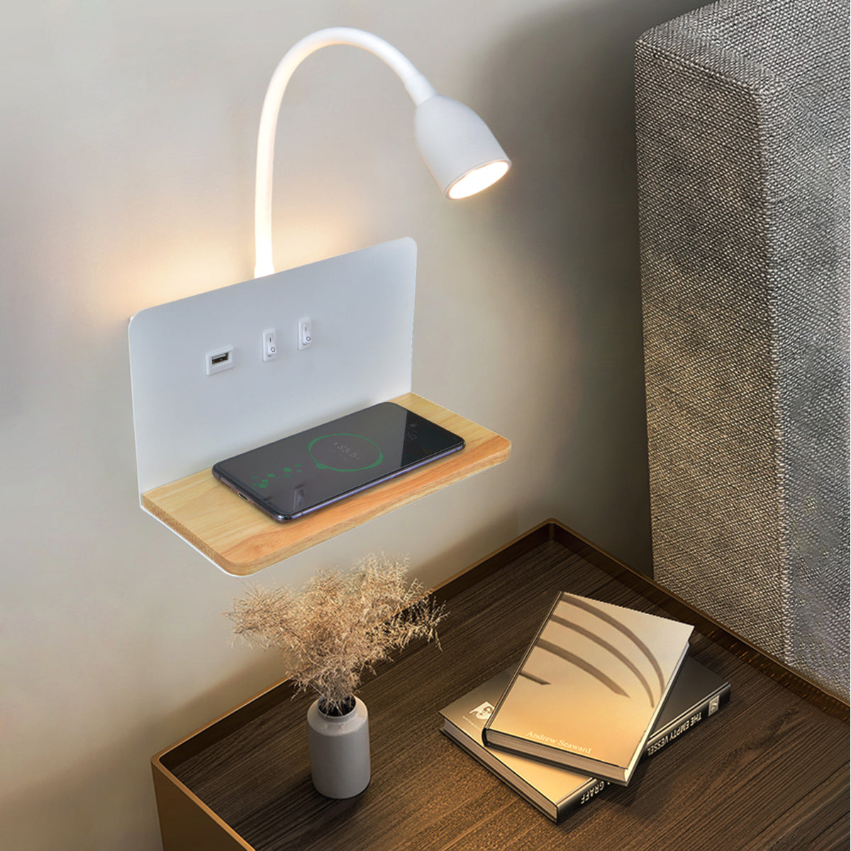 Modern LED Wall Lamp, with Wireless Charging, USB Interface, 360 Rotatable, Bedside Night Light with Switch