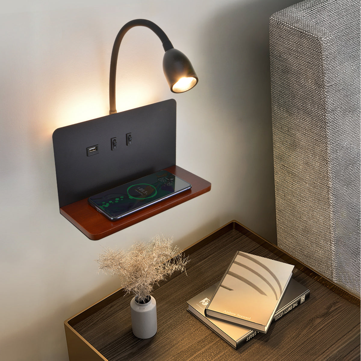 Modern LED Wall Lamp With Wireless Charging USB Interface 360 Rotatable Bedside Night Light With Sw 1