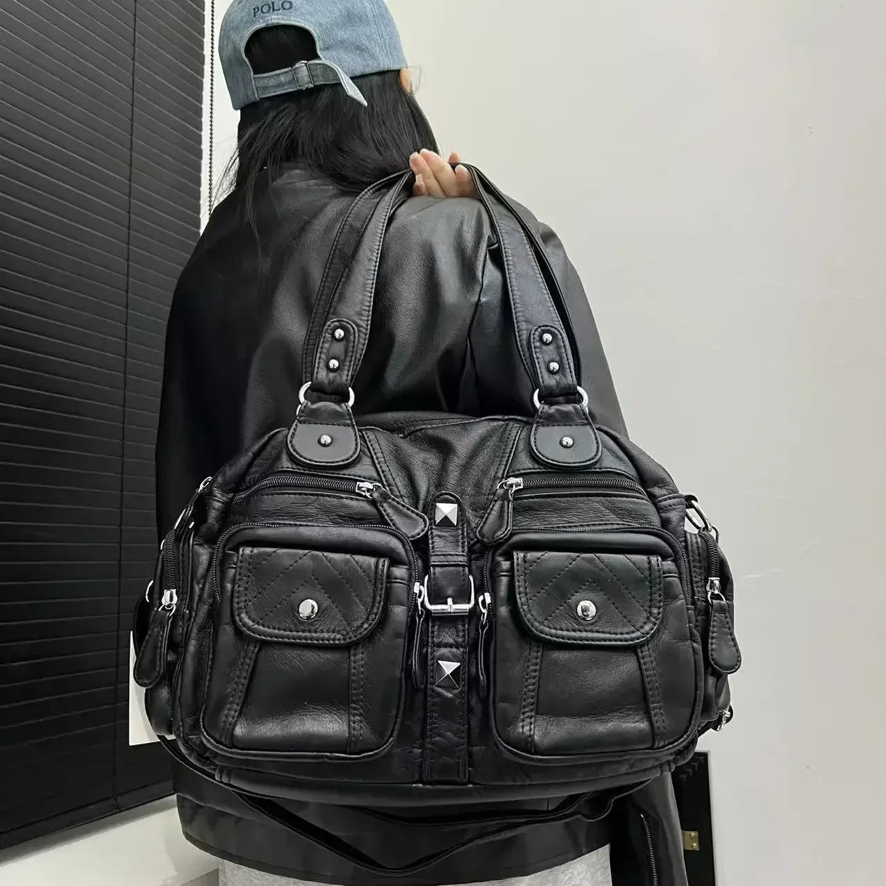 Retro Vintage, Ladies Fashionable, Hot Girl Motorcycle Tote Bag, Large Capacity Washed Vegan Leather Shoulder Bag