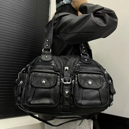 Retro Vintage, Ladies Fashionable, Hot Girl Motorcycle Tote Bag, Large Capacity Washed Vegan Leather Shoulder Bag