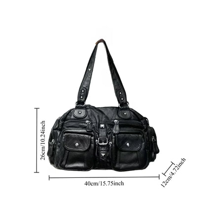 Retro Vintage, Ladies Fashionable, Hot Girl Motorcycle Tote Bag, Large Capacity Washed Vegan Leather Shoulder Bag