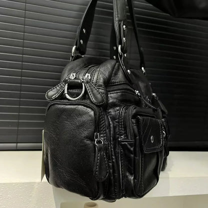 Retro Vintage, Ladies Fashionable, Hot Girl Motorcycle Tote Bag, Large Capacity Washed Vegan Leather Shoulder Bag