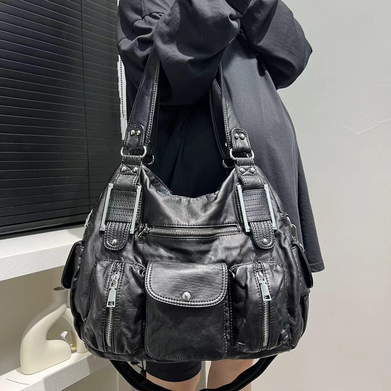 Hot Girl Motorcycle Crossbody Bag, Women's Fashion Shoulder Bag, Old Lychee Pattern Multi-Pocket Style