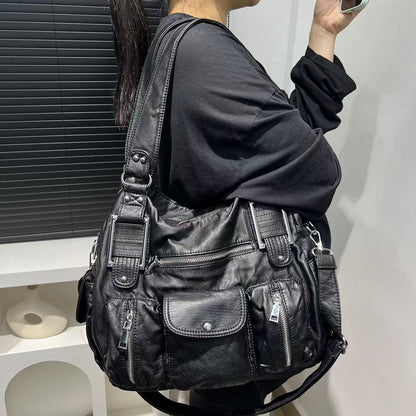 Hot Girl Motorcycle Crossbody Bag, Women's Fashion Shoulder Bag, Old Lychee Pattern Multi-Pocket Style