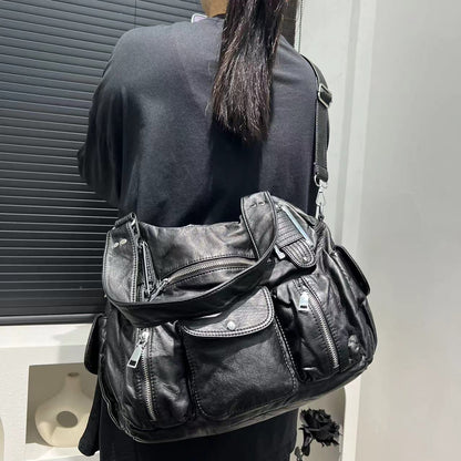 Hot Girl Motorcycle Crossbody Bag, Women's Fashion Shoulder Bag, Old Lychee Pattern Multi-Pocket Style