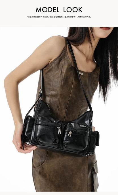 Women New Design Black Handbag, Jozy Fashion Trend Multi-pocket Crossbody Bag, Vintage Y2K Biker Shoulder Underarm Bag.