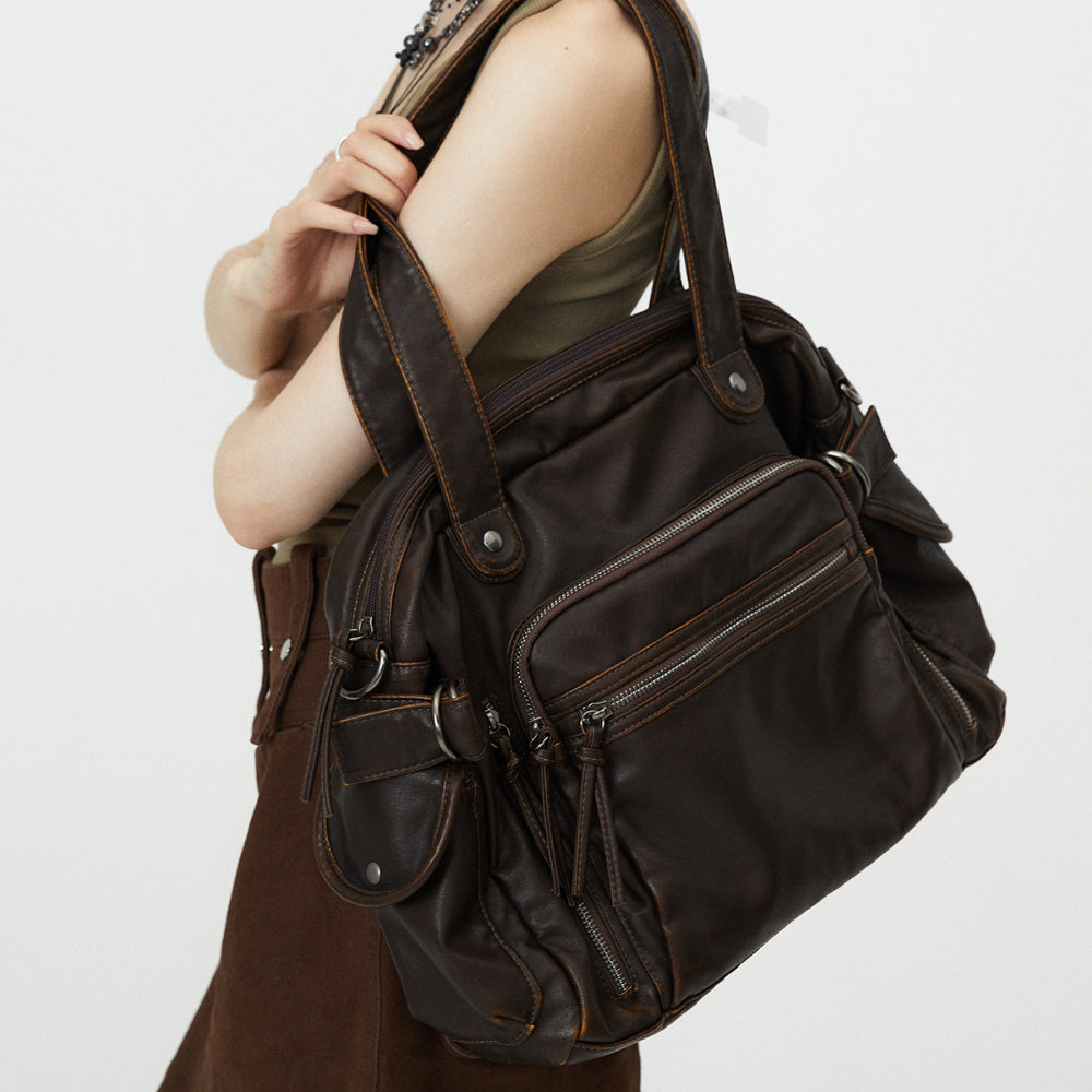Y2K Punk Crossbody Bag, Retro Tote, Large Capacity Shoulder Bag, Soft PU Leather Motorcycle Purse, Multi Pocket Handbag