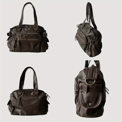 Y2K Punk Crossbody Bag, Retro Tote, Large Capacity Shoulder Bag, Soft PU Leather Motorcycle Purse, Multi Pocket Handbag