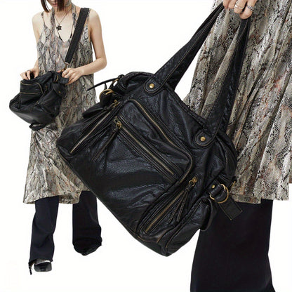 Y2K Punk Crossbody Bag, Retro Tote, Large Capacity Shoulder Bag, Soft PU Leather Motorcycle Purse, Multi Pocket Handbag