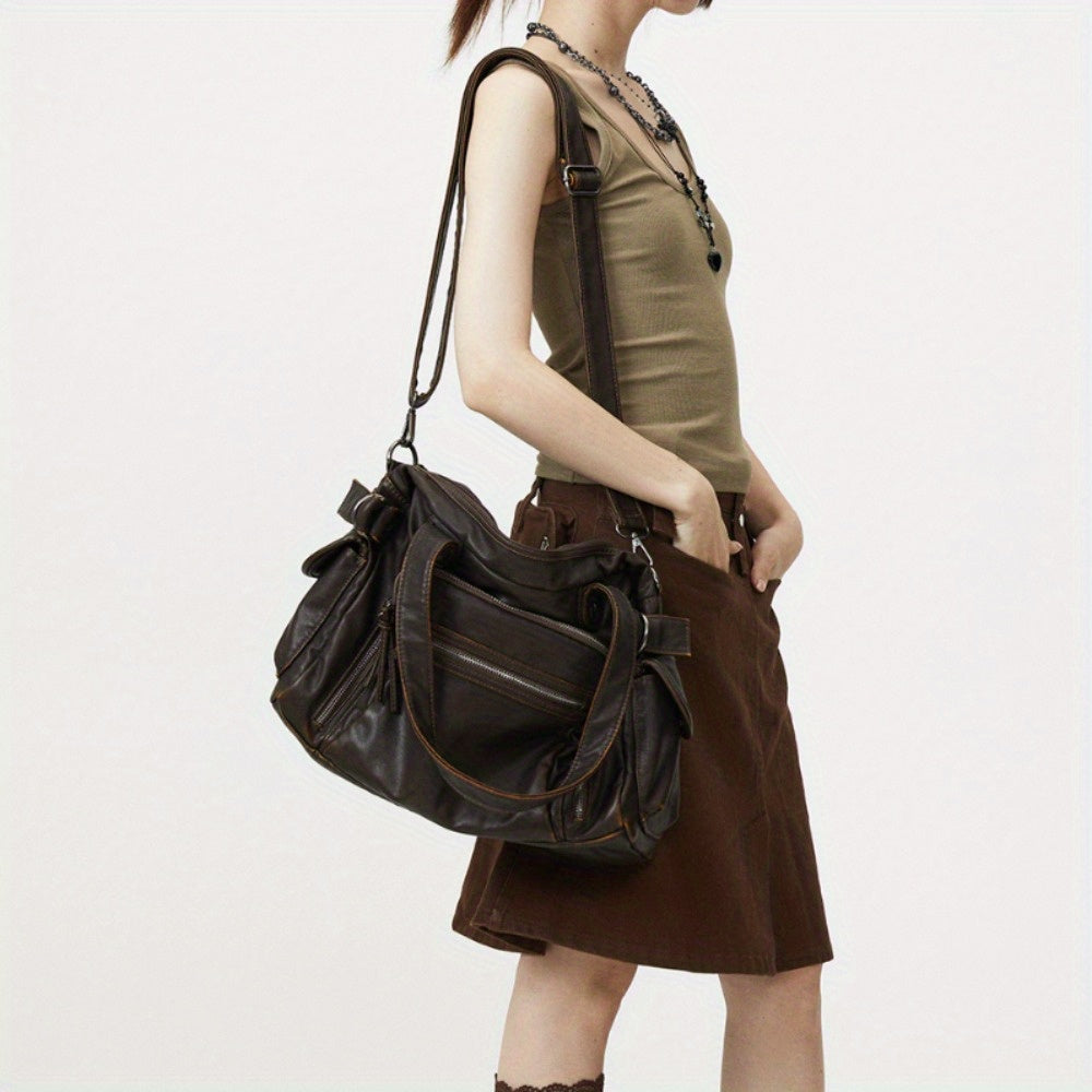 Y2K Punk Crossbody Bag, Retro Tote, Large Capacity Shoulder Bag, Soft PU Leather Motorcycle Purse, Multi Pocket Handbag