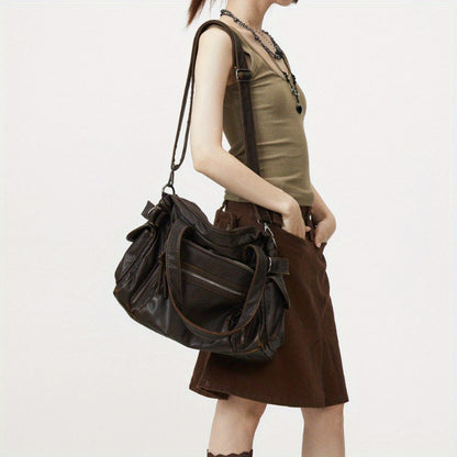 Y2K Punk Crossbody Bag, Retro Tote, Large Capacity Shoulder Bag, Soft PU Leather Motorcycle Purse, Multi Pocket Handbag