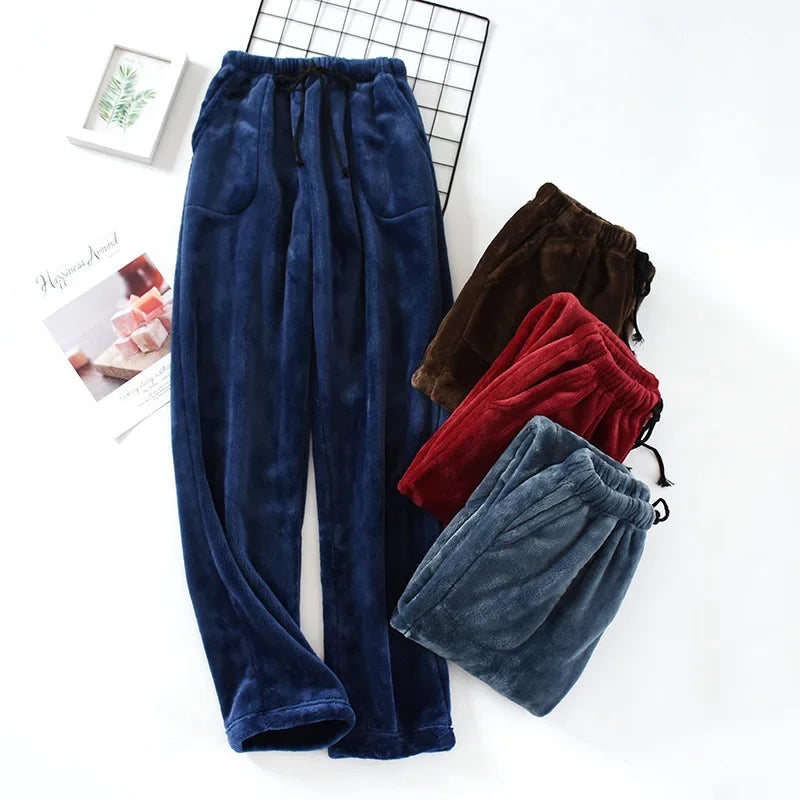 Thick Coral Fleece Pajama Pants, Fall and Winter Flannel Pajamas for Men, Loose Fit Large Size Home Wear, Womens Straigh