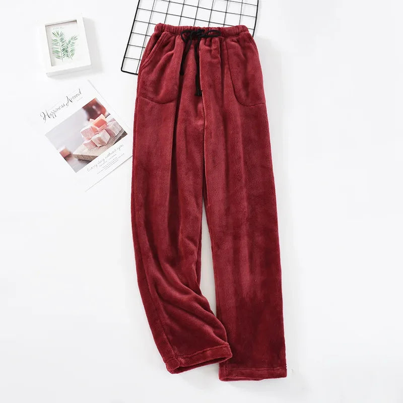 Thick Coral Fleece Pajama Pants, Fall and Winter Flannel Pajamas for Men, Loose Fit Large Size Home Wear, Womens Straigh