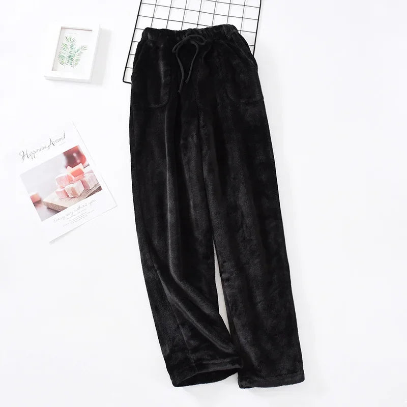 Thick Coral Fleece Pajama Pants, Fall and Winter Flannel Pajamas for Men, Loose Fit Large Size Home Wear, Womens Straigh