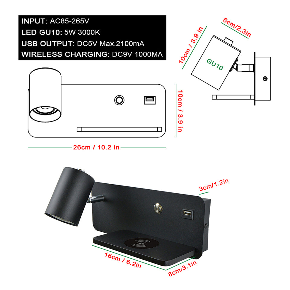 LED Wall Sconce, with USB and Wireless Charging, Modern Indoor Wall Lamp for Bedroom, Bed side Lighting