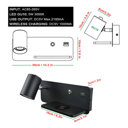 LED Wall Sconce, with USB and Wireless Charging, Modern Indoor Wall Lamp for Bedroom, Bed side Lighting