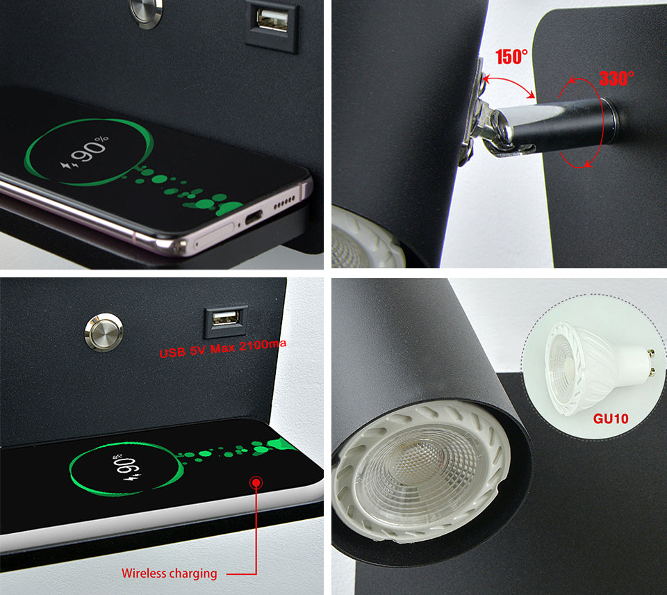 LED Wall Sconce, with USB and Wireless Charging, Modern Indoor Wall Lamp for Bedroom, Bed side Lighting