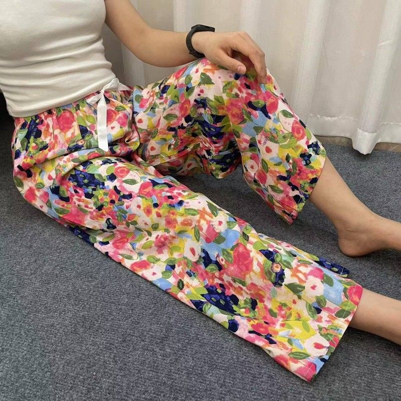 Women's Floral Print Pajama Pants, Loose Fit Viscose Loungewear, Anti Mosquito Wide Leg Pants for Summer and Autumn