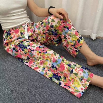 Women's Floral Print Pajama Pants, Loose Fit Viscose Loungewear, Anti Mosquito Wide Leg Pants for Summer and Autumn