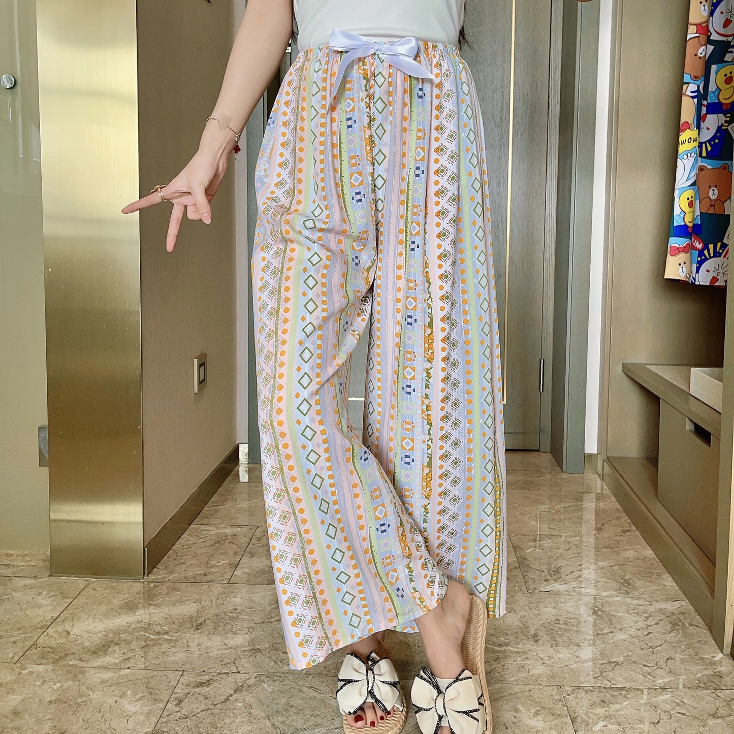 Women's Floral Print Pajama Pants, Loose Fit Viscose Loungewear, Anti Mosquito Wide Leg Pants for Summer and Autumn