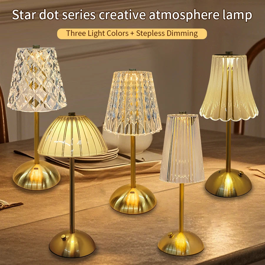 Rechargeable Crystal LED Table Lamp, Touch Sensor, Dimmable Desktop Night Light for Bedroom, Bedside, Hotel, Bar Decor