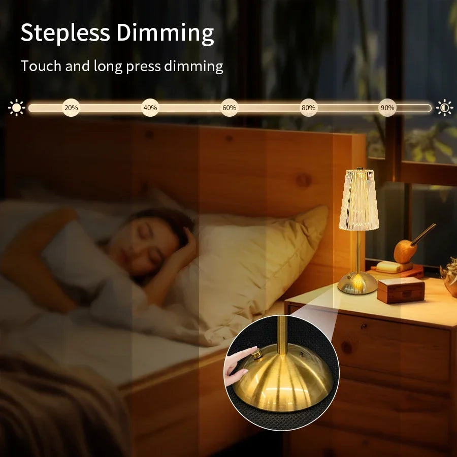 Rechargeable Crystal LED Table Lamp Touch Sensor Dimmable Desktop Night Light For Bedroom Bedside H 2