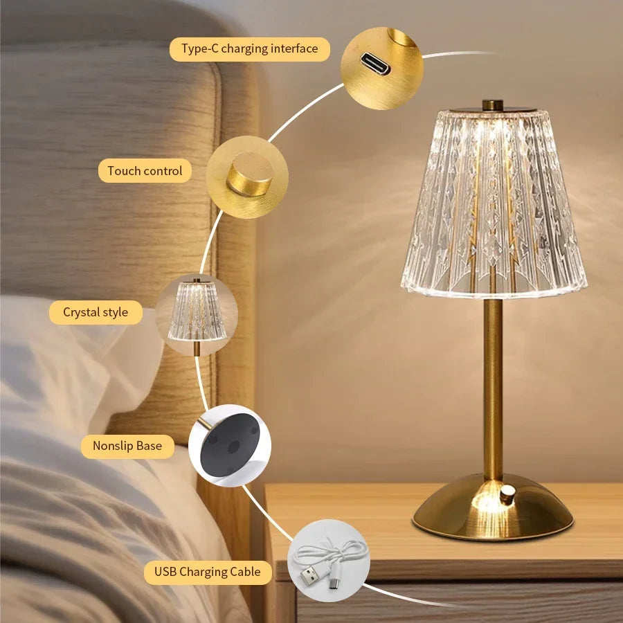 Rechargeable Crystal LED Table Lamp Touch Sensor Dimmable Desktop Night Light For Bedroom Bedside H 3
