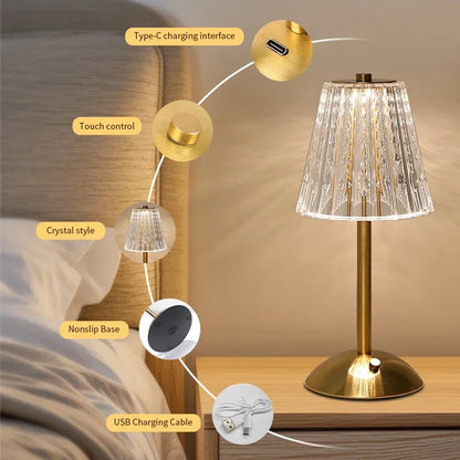 Rechargeable Crystal LED Table Lamp Touch Sensor Dimmable Desktop Night Light For Bedroom Bedside H 3