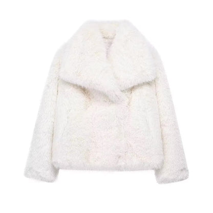 HH Women Elegant Faux Fur Coat Warm Fluffy Loose Long Sleeve Lapel Jacket Autumn Winter Fashion High Street Lady Outerwear