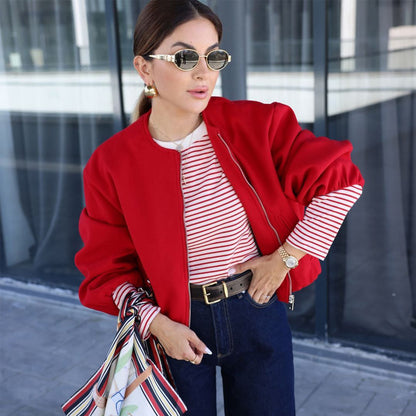 Red Zipper Bomber Jacket For Women Soft Cropped Jacket 2025 Long Sleeve Sports Style New Outerwear 3