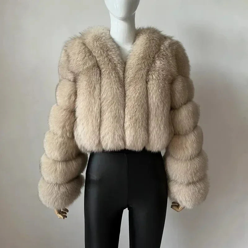Luxury Faux Fox Fur Coat, V Neck Winter Coat for Women, Warm Long Sleeve Teddy Jacket, Chic Fashion Outwear