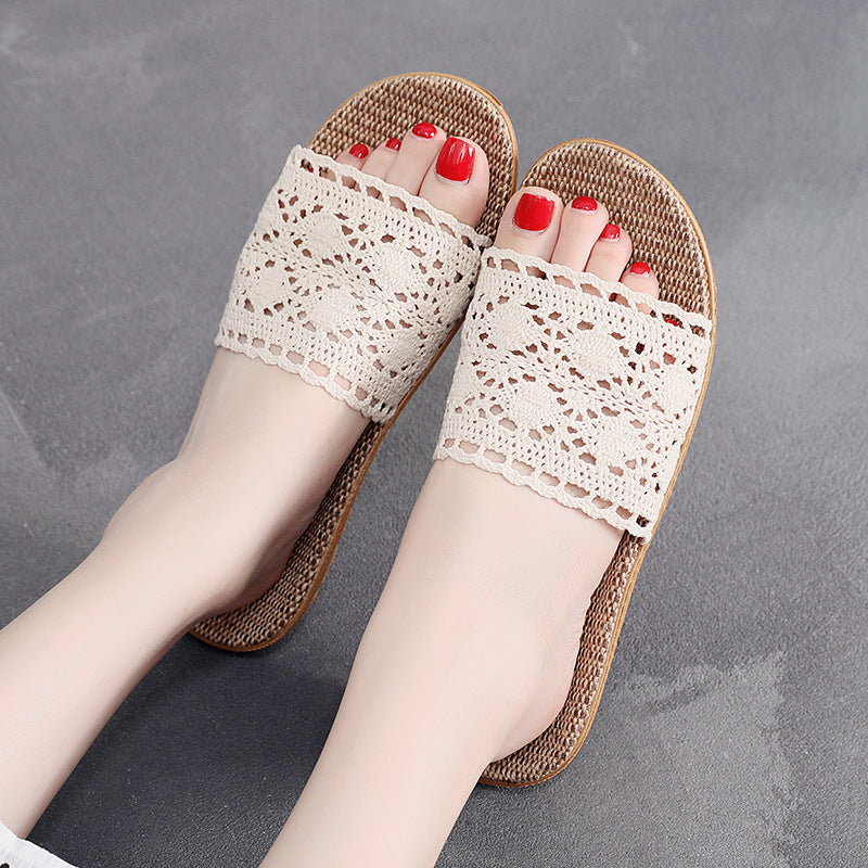 Elegant Lace Casual Slippers For Women Flat Hemp Home Designer Shoes For Ladies Spring  Summer Indo 1