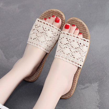 Elegant Lace Casual Slippers For Women Flat Hemp Home Designer Shoes For Ladies Spring  Summer Indo 1