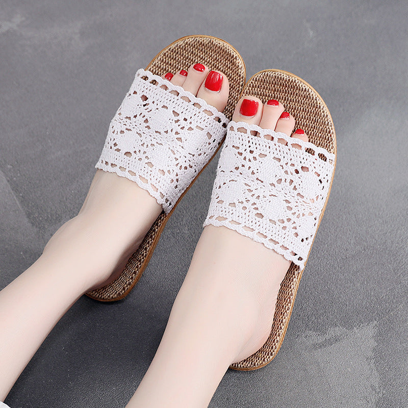 Elegant Lace Casual Slippers For Women Flat Hemp Home Designer Shoes For Ladies Spring  Summer Indo 4