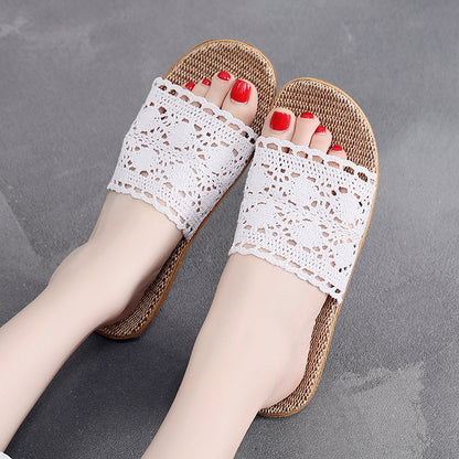 Elegant Lace Casual Slippers For Women Flat Hemp Home Designer Shoes For Ladies Spring  Summer Indo 4
