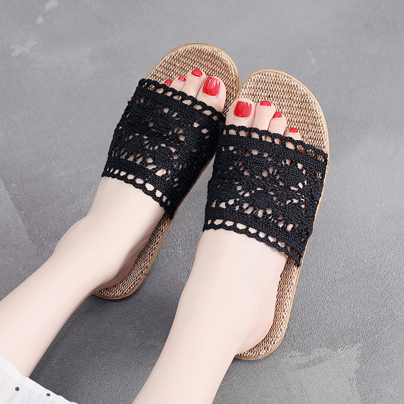 Elegant Lace Casual Slippers For Women Flat Hemp Home Designer Shoes For Ladies Spring  Summer Indo 2
