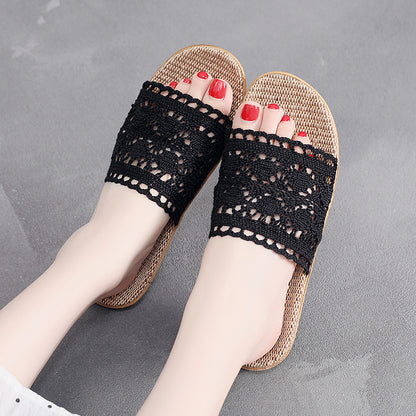 Elegant Lace Casual Slippers For Women Flat Hemp Home Designer Shoes For Ladies Spring  Summer Indo 2