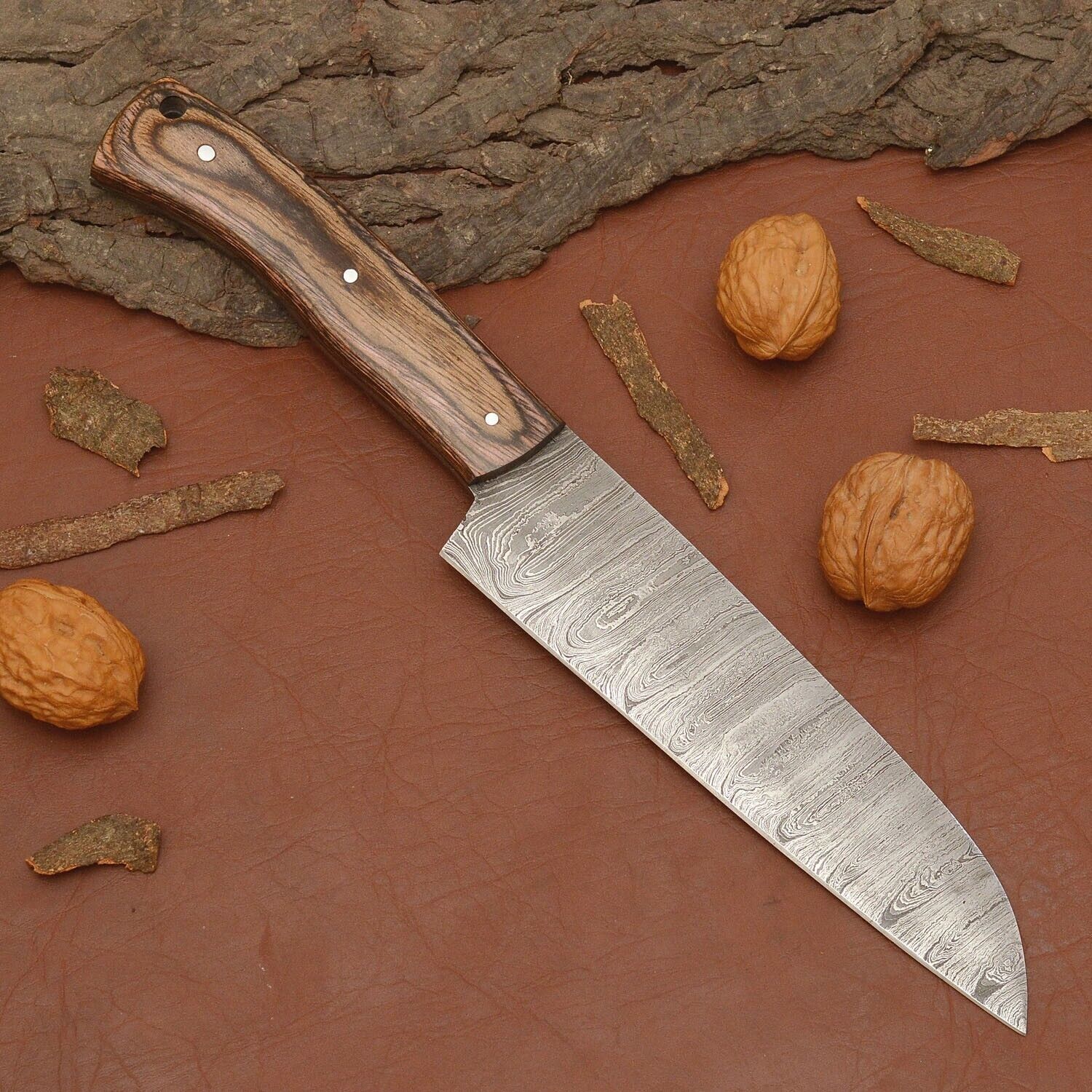 Handmade Damascus Steel Chef Knife  7 Kitchen Knife With Wood Handle  Leather Sheath 1
