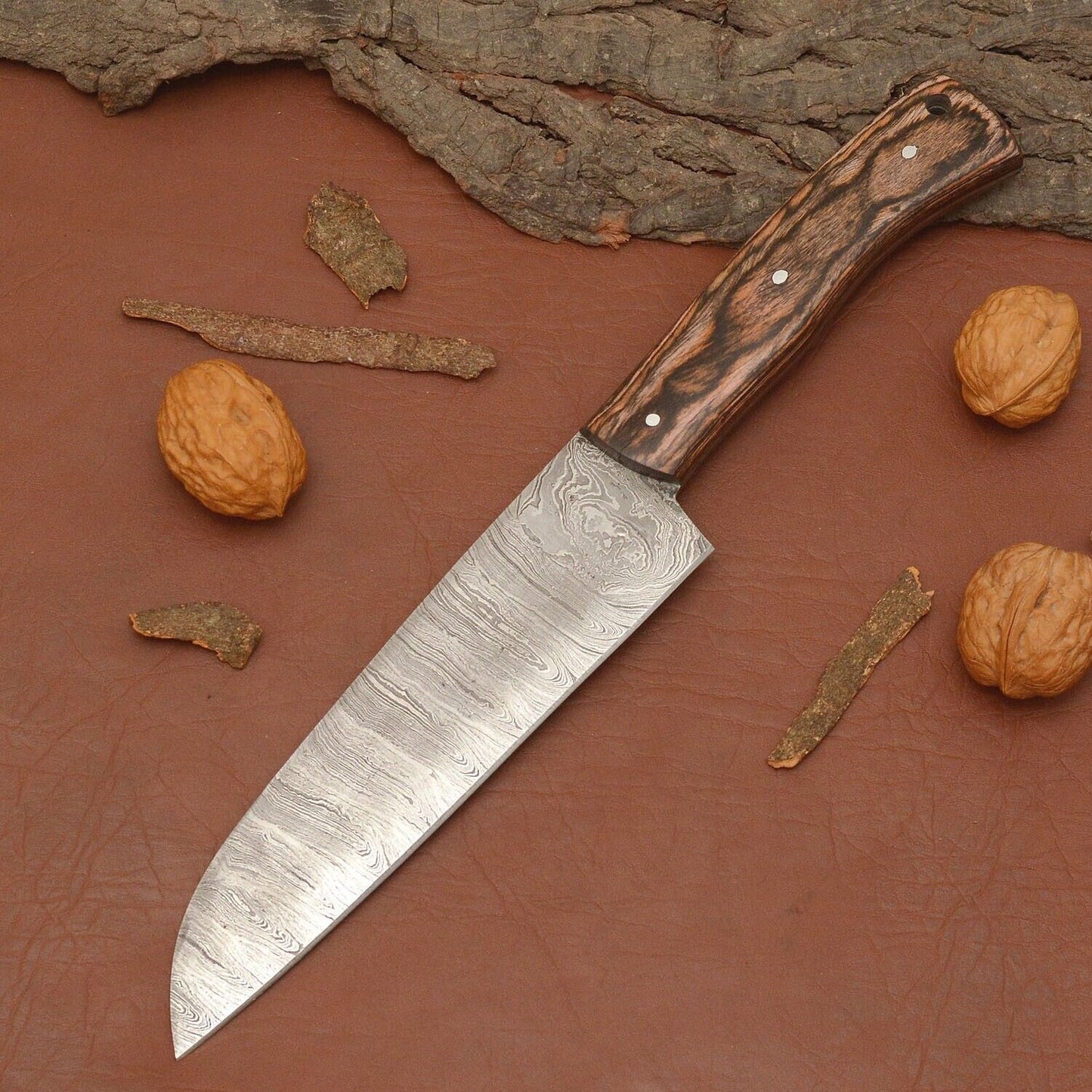 Handmade Damascus Steel Chef Knife – 7" Kitchen Knife with Wood Handle & Leather Sheath