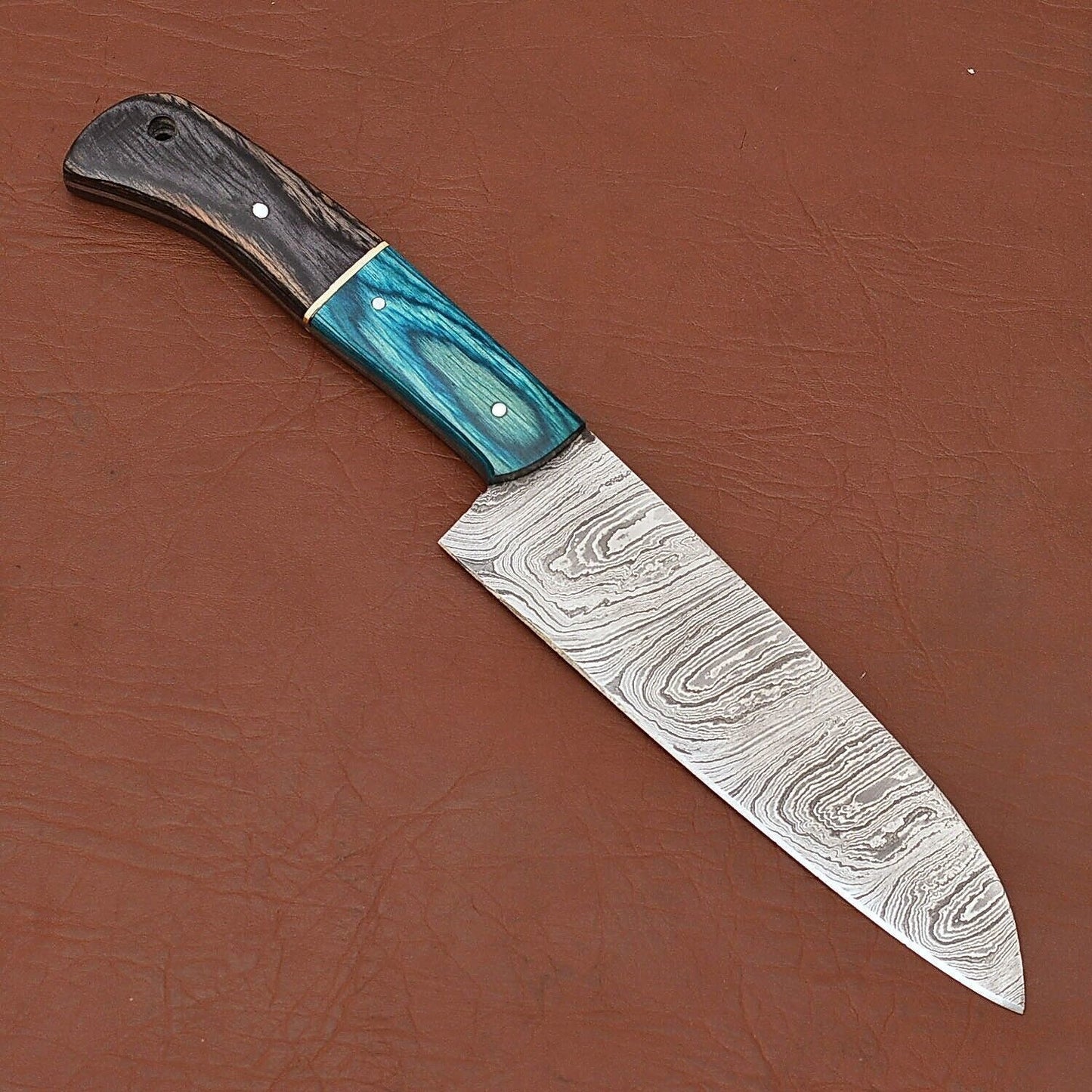 Damascus Steel Chef Knife  7 Kitchen Knife With Wooden Handle  Leather Sheath 1