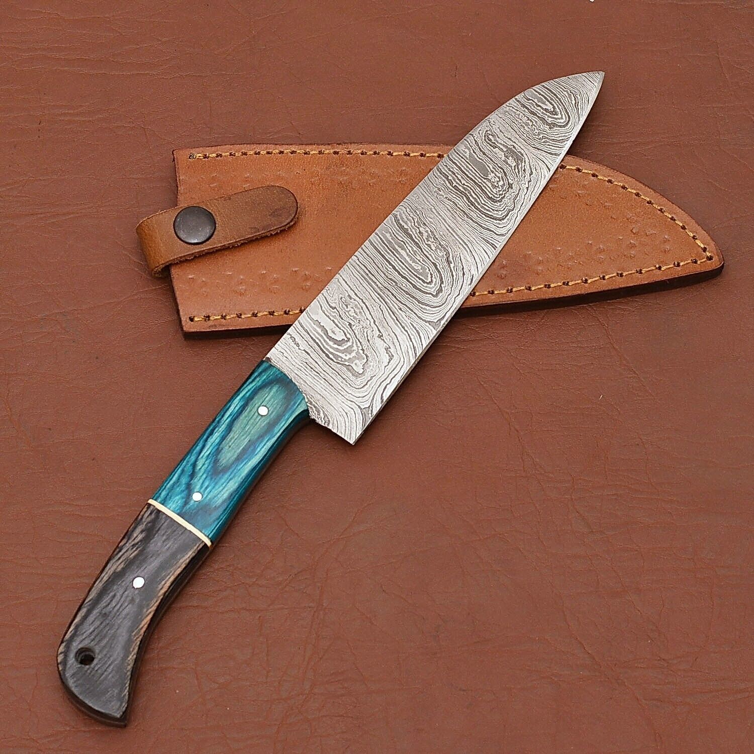 Damascus Steel Chef Knife  7 Kitchen Knife With Wooden Handle  Leather Sheath 2