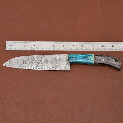 Damascus Steel Chef Knife  7 Kitchen Knife With Wooden Handle  Leather Sheath 3